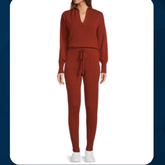 Long Sleeve Split V-Neck Drawstring Waist 100% Cashmere Jumpsuit · - Picture 2 of 5